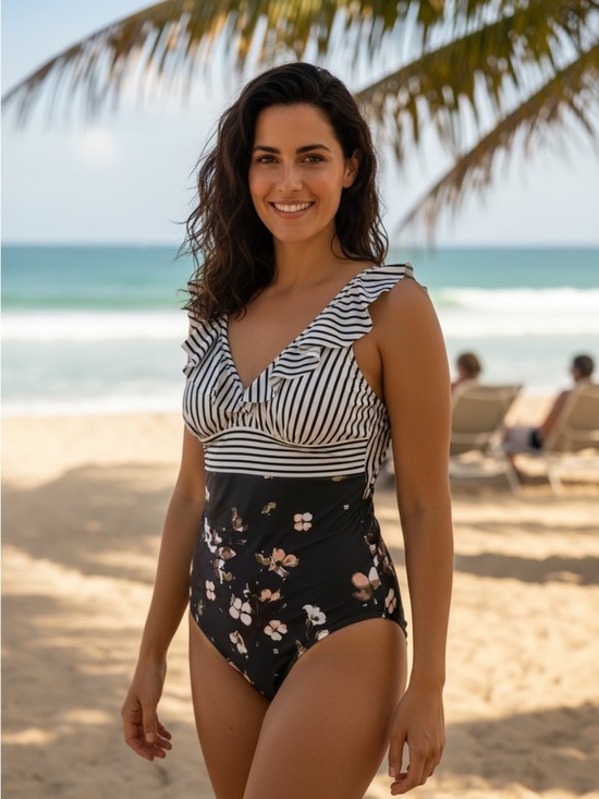 Other - Striped & Floral Ruffle One-Piece Swimsuit - Black & White Brand New